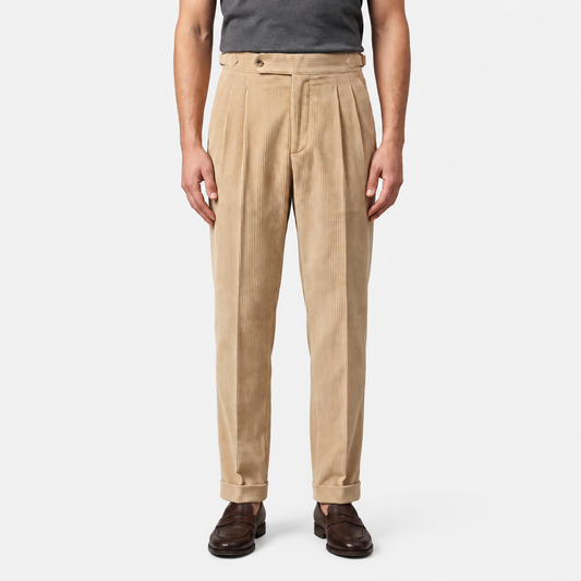 Men's Corduroy Pleated Trousers Classic Tailored Comfort Fit 0