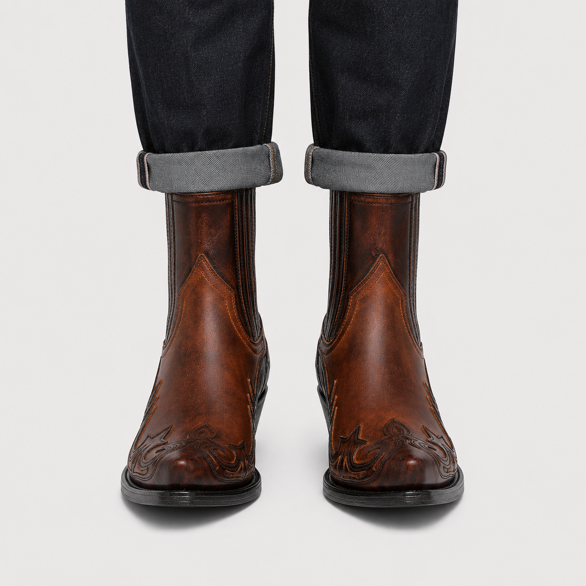 Men's Leather Look Cowboy Boots Comfortable Western Riding Boots 1