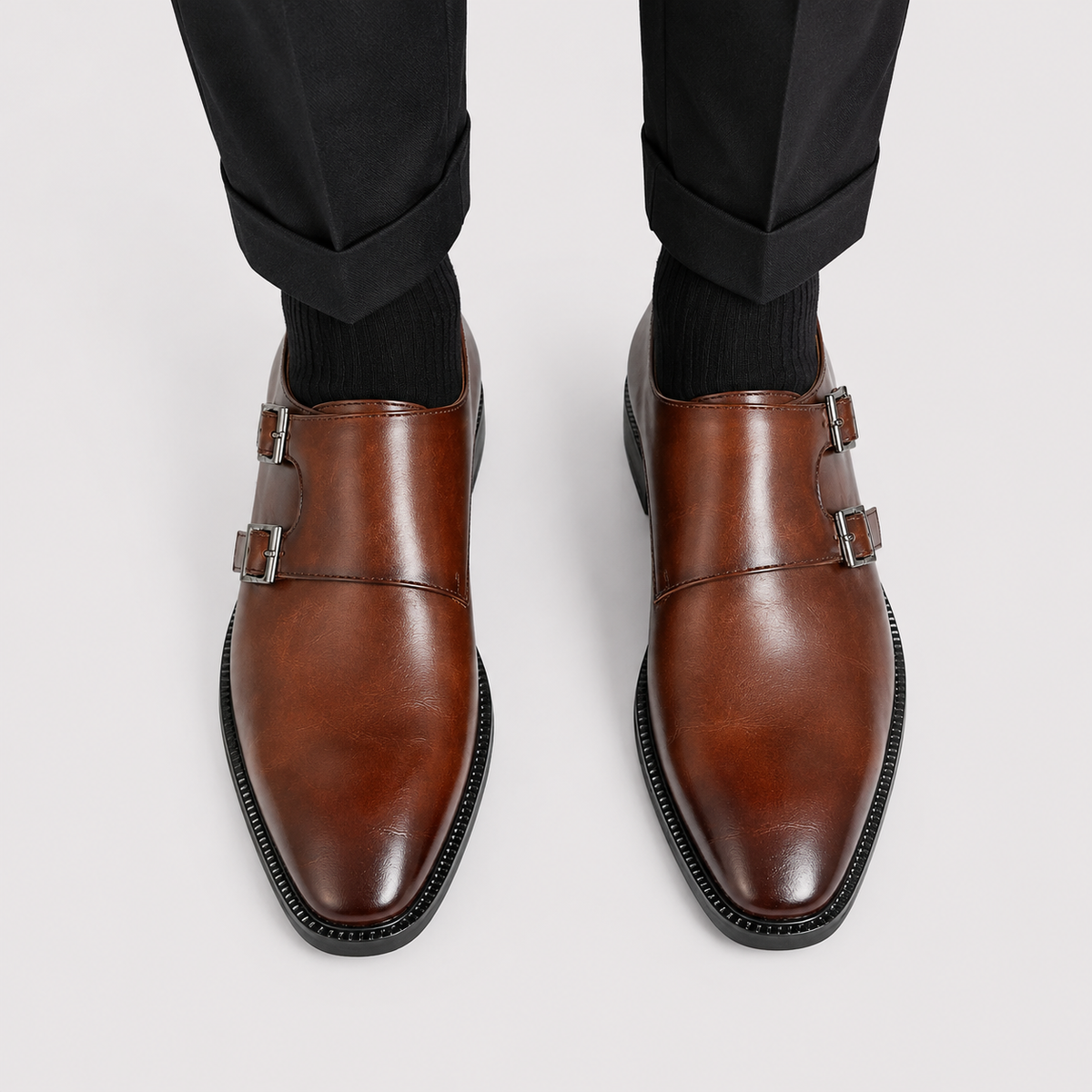 Men's Leather Look Double Monk Strap Loafers Classic Formal Dress Shoes 1