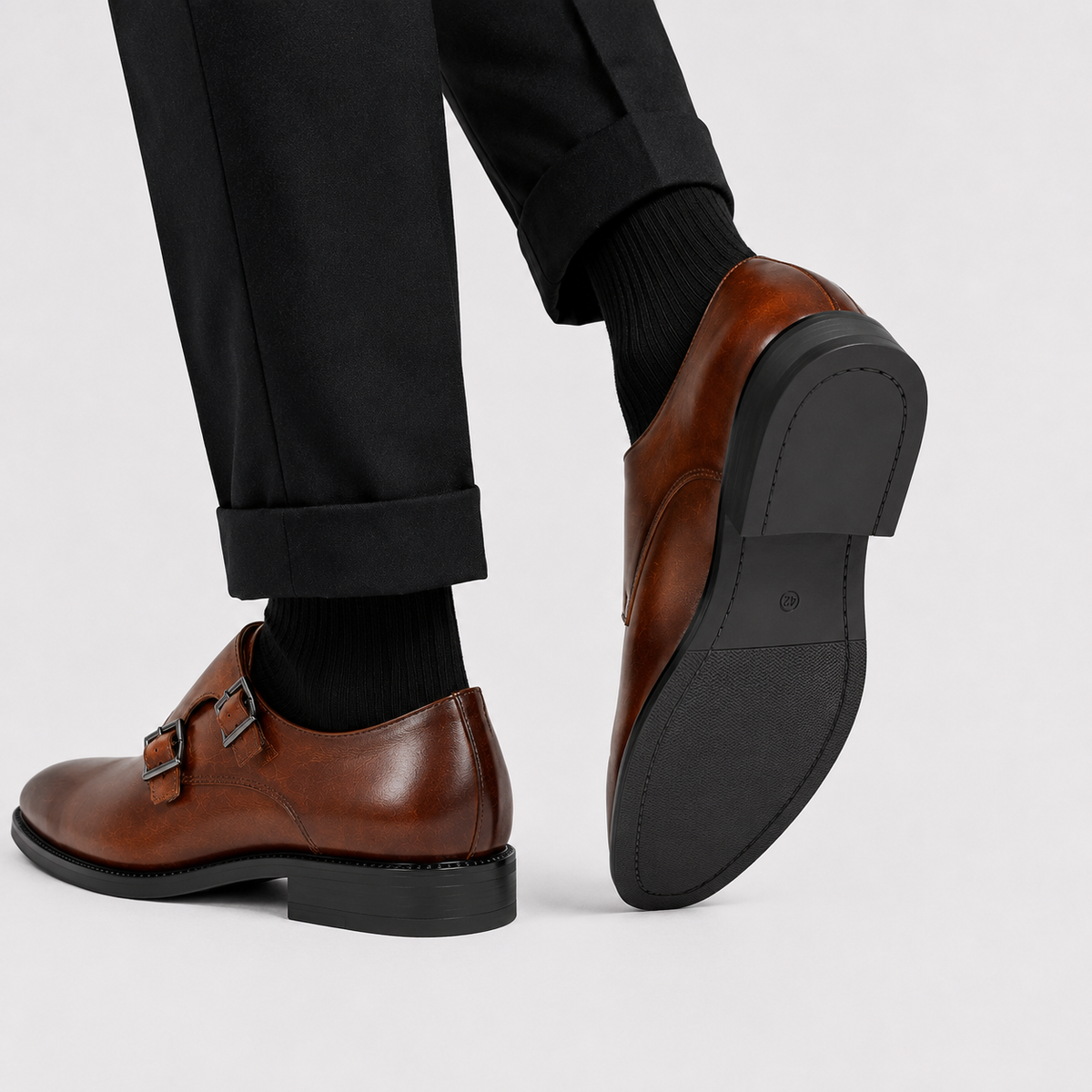 Men's Leather Look Double Monk Strap Loafers Classic Formal Dress Shoes 2