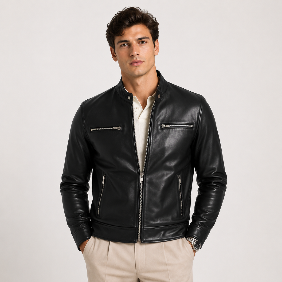 Men's Leather Look Jacket Classic Zip Front Lightweight Casual Outerwear 0