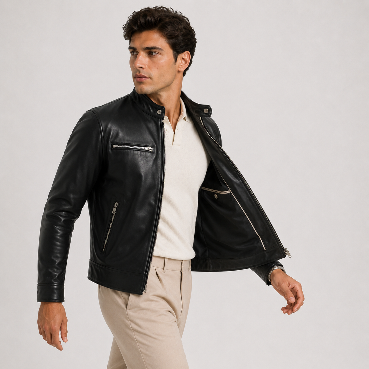 Men's Leather Look Jacket Classic Zip Front Lightweight Casual Outerwear 1