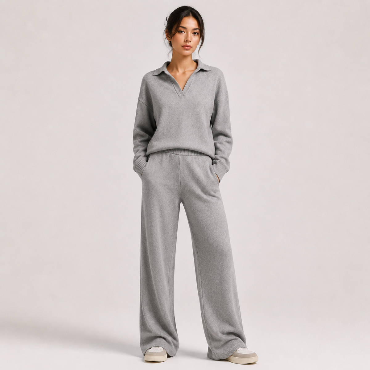 Women's Classic Two Piece Set Polo Sweater Wide Leg Pants