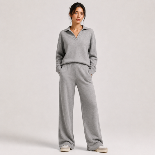 Women's Classic Two Piece Set Polo Sweater Wide Leg Pants