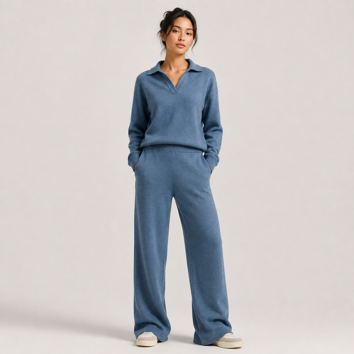 Women's Classic Two Piece Set Polo Sweater Wide Leg Pants