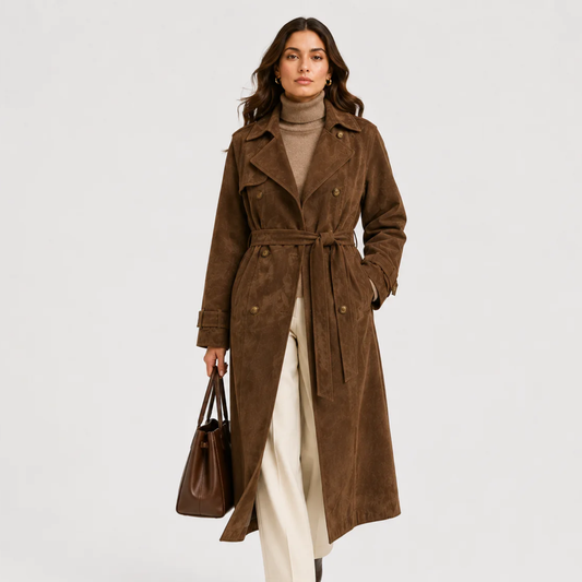 Women's Double Breasted Suede Coat Timeless Belted Outerwear