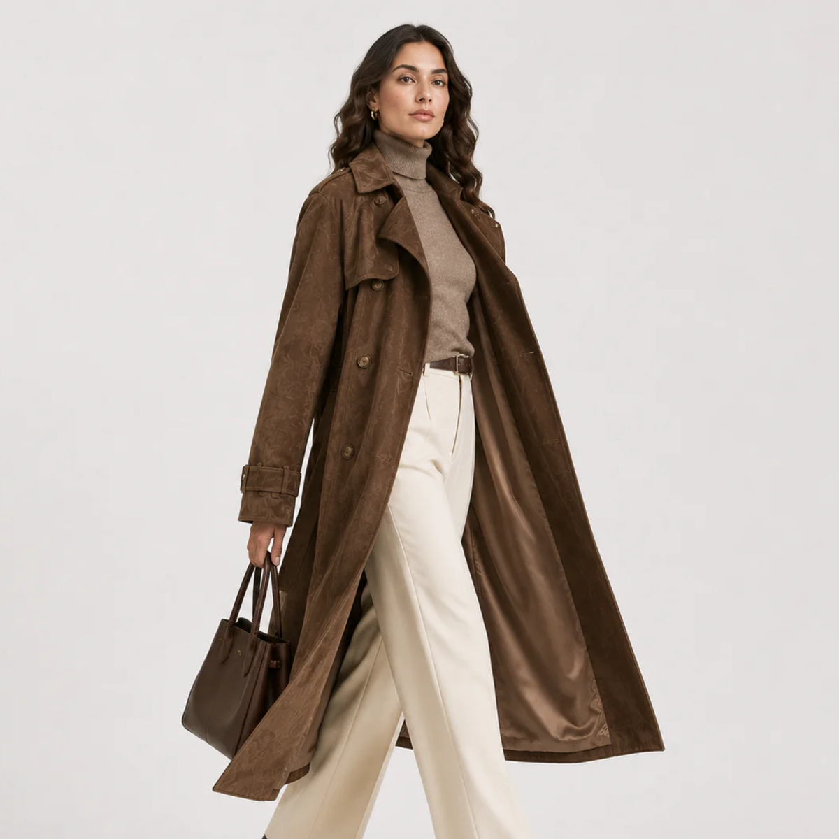 Women's Double Breasted Suede Coat Timeless Belted Outerwear