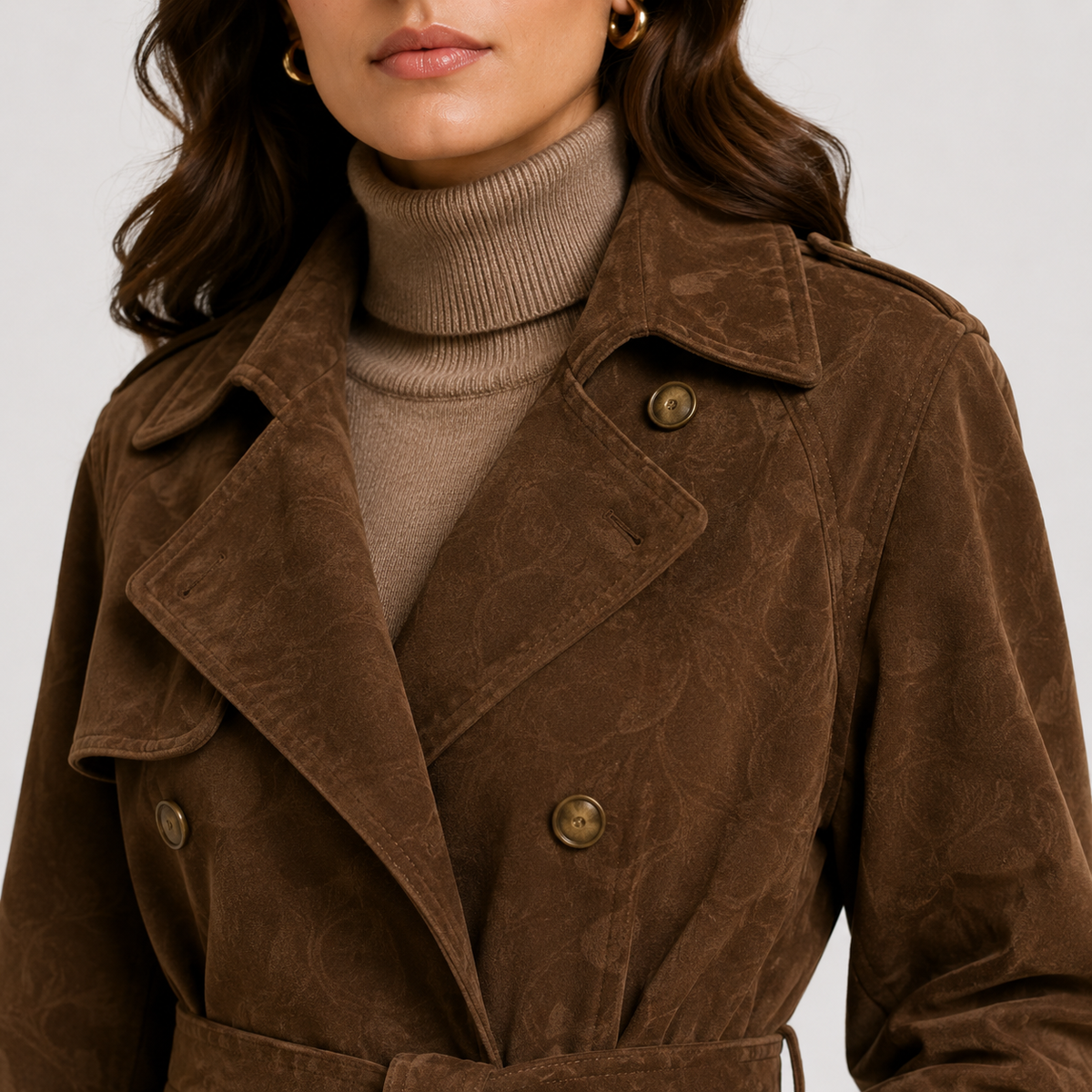Women's Double Breasted Suede Coat Timeless Belted Outerwear