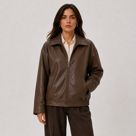 Women's Relaxed Fit Leather Look Jacket with Classic Collar