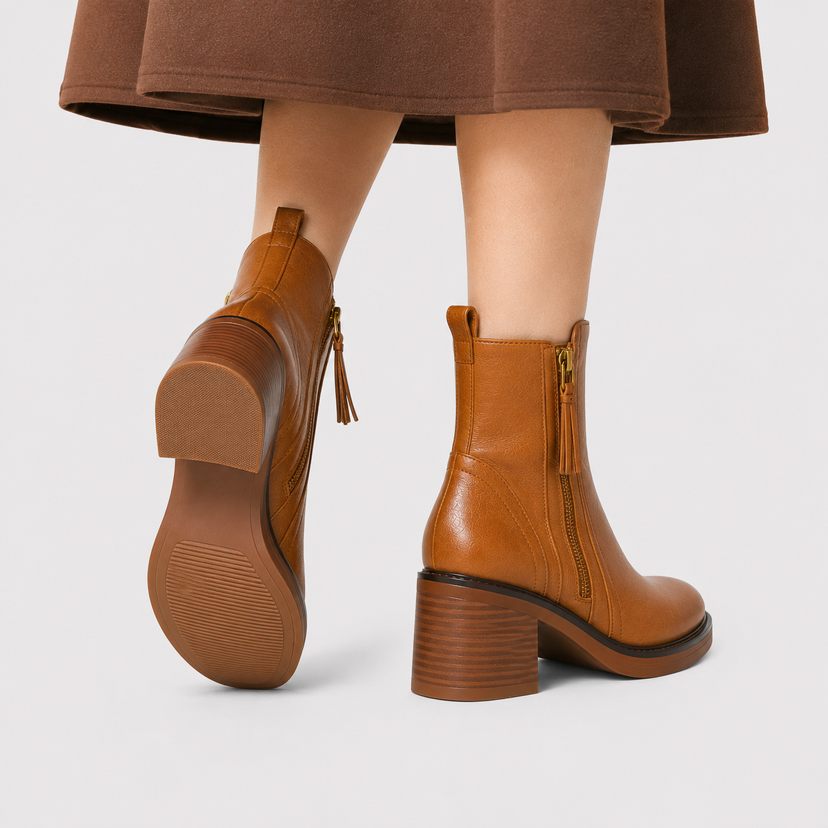 Women's Side Zip Leather Look Ankle Boots Classic Mid Heel Booties